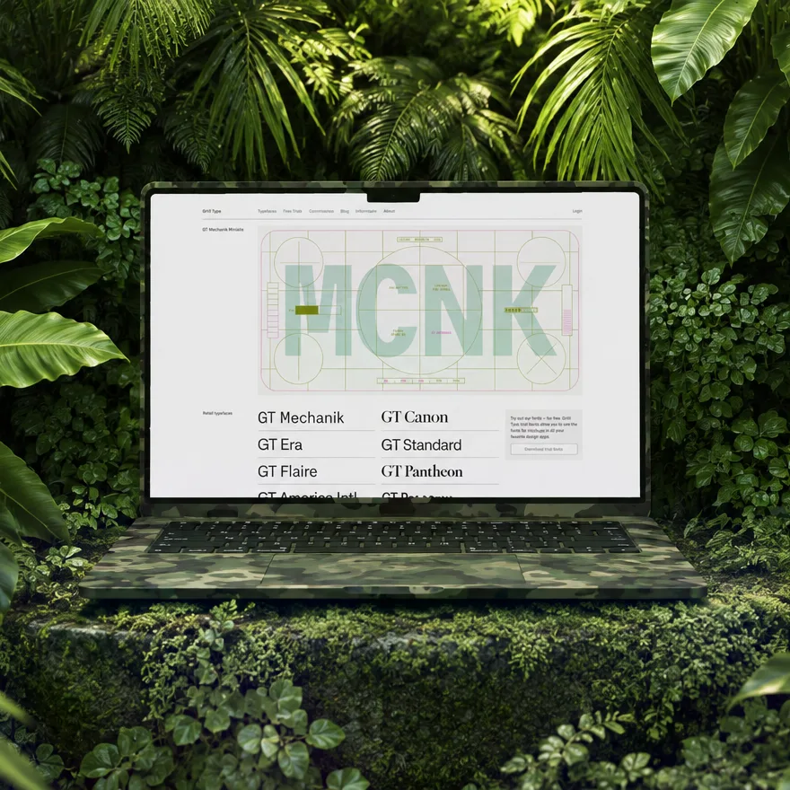 A camouflage laptop showing a type foundry website, set into a jungle of tropical leaves by an AI composite.