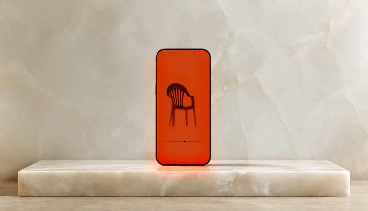 An orange phone standing on an onyx plinth against a marble wall.