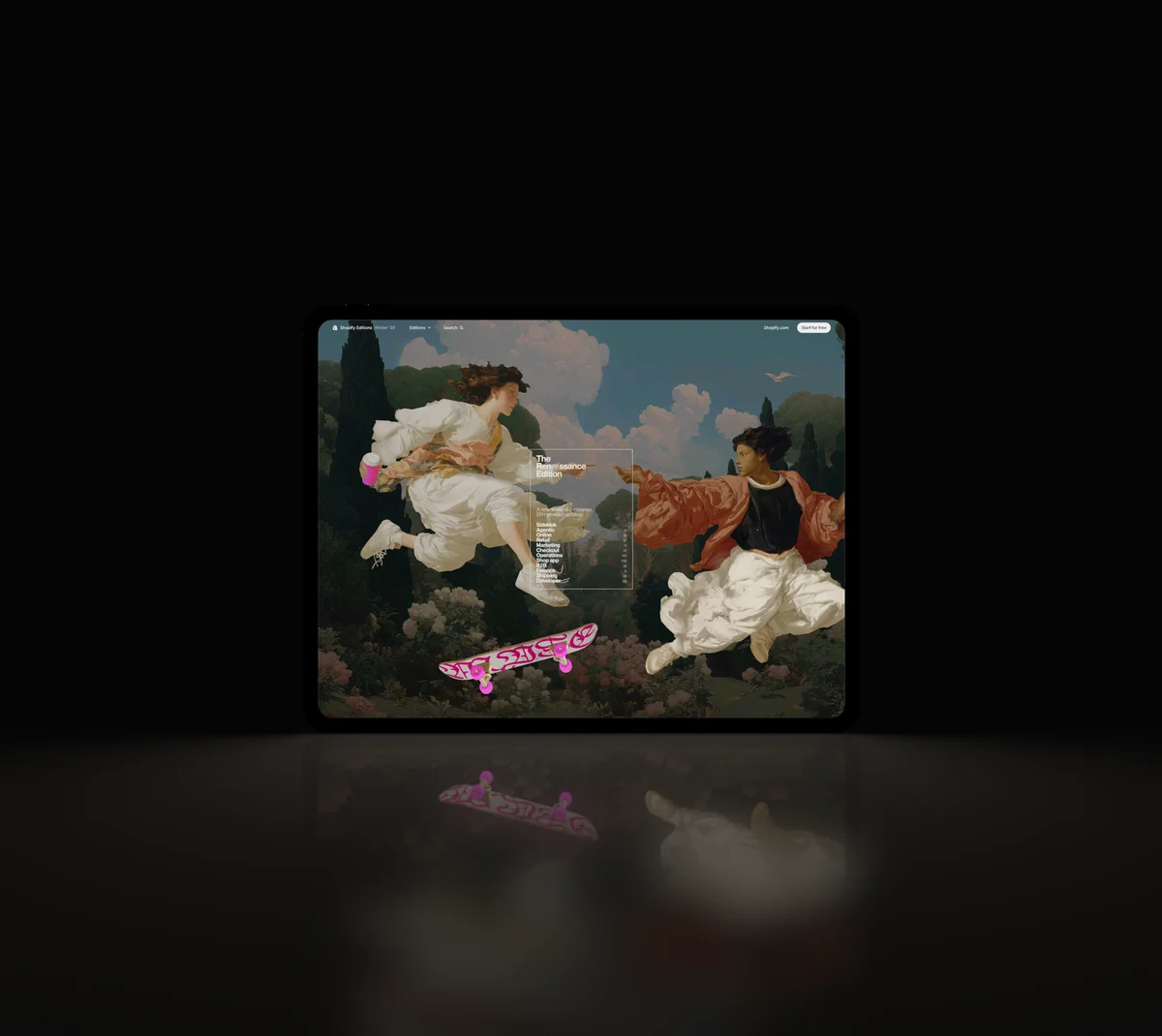 A tablet in a dark room, a painting on its screen reflected in the floor below.
