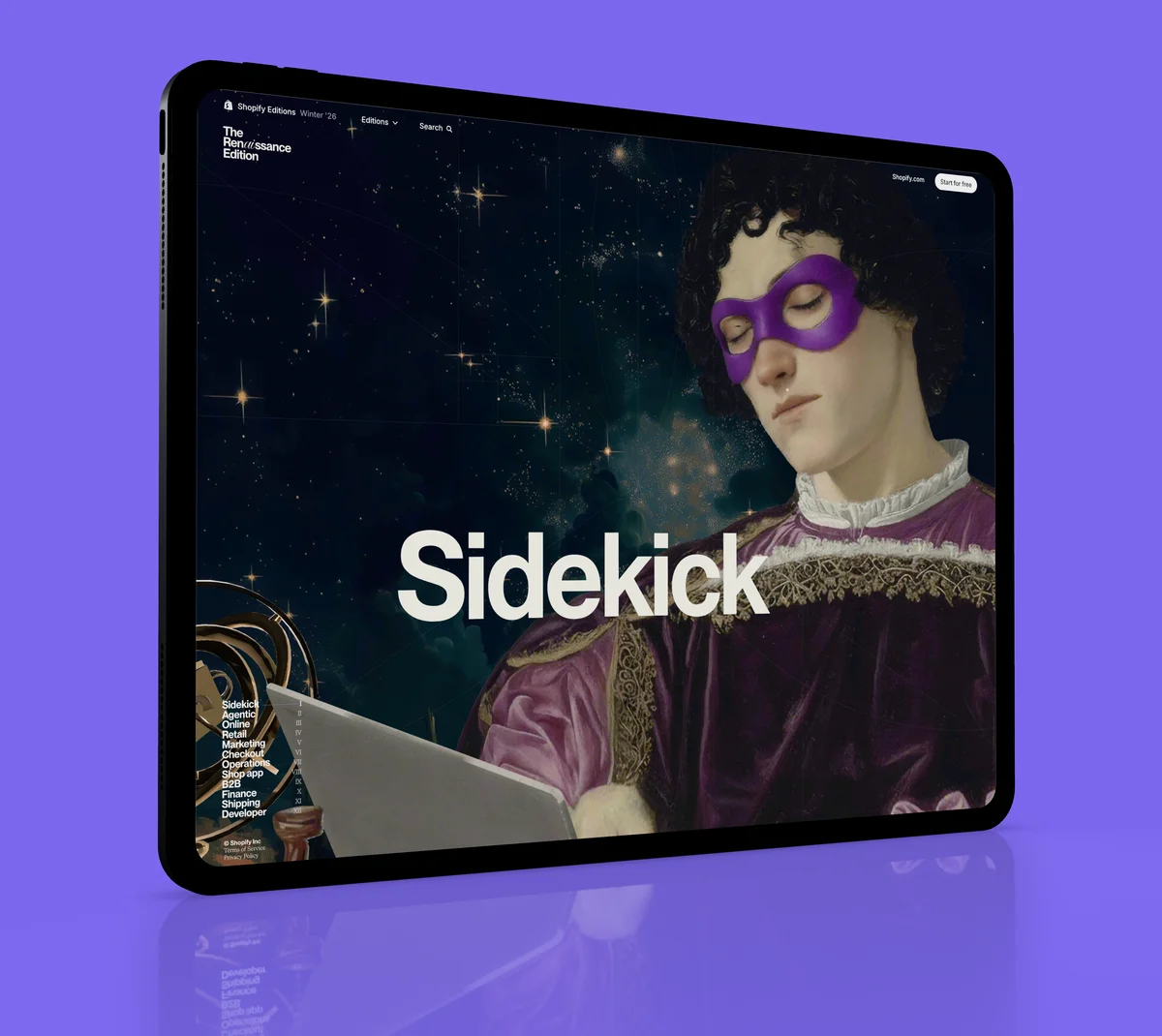A tablet floating over a violet background, a Renaissance portrait in a purple mask on its screen.