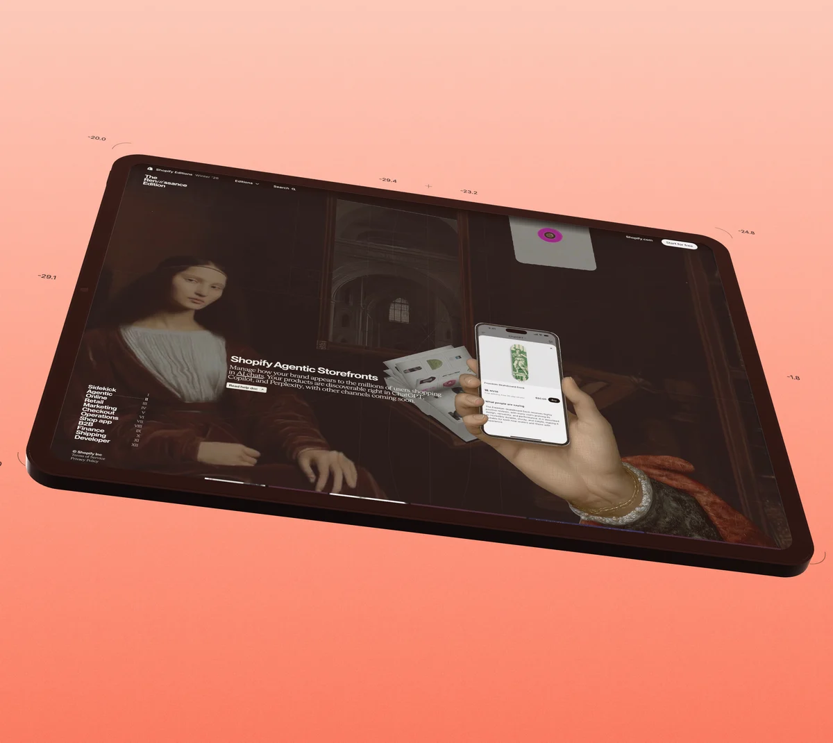 A tablet lying at an angle on a flat coral background.