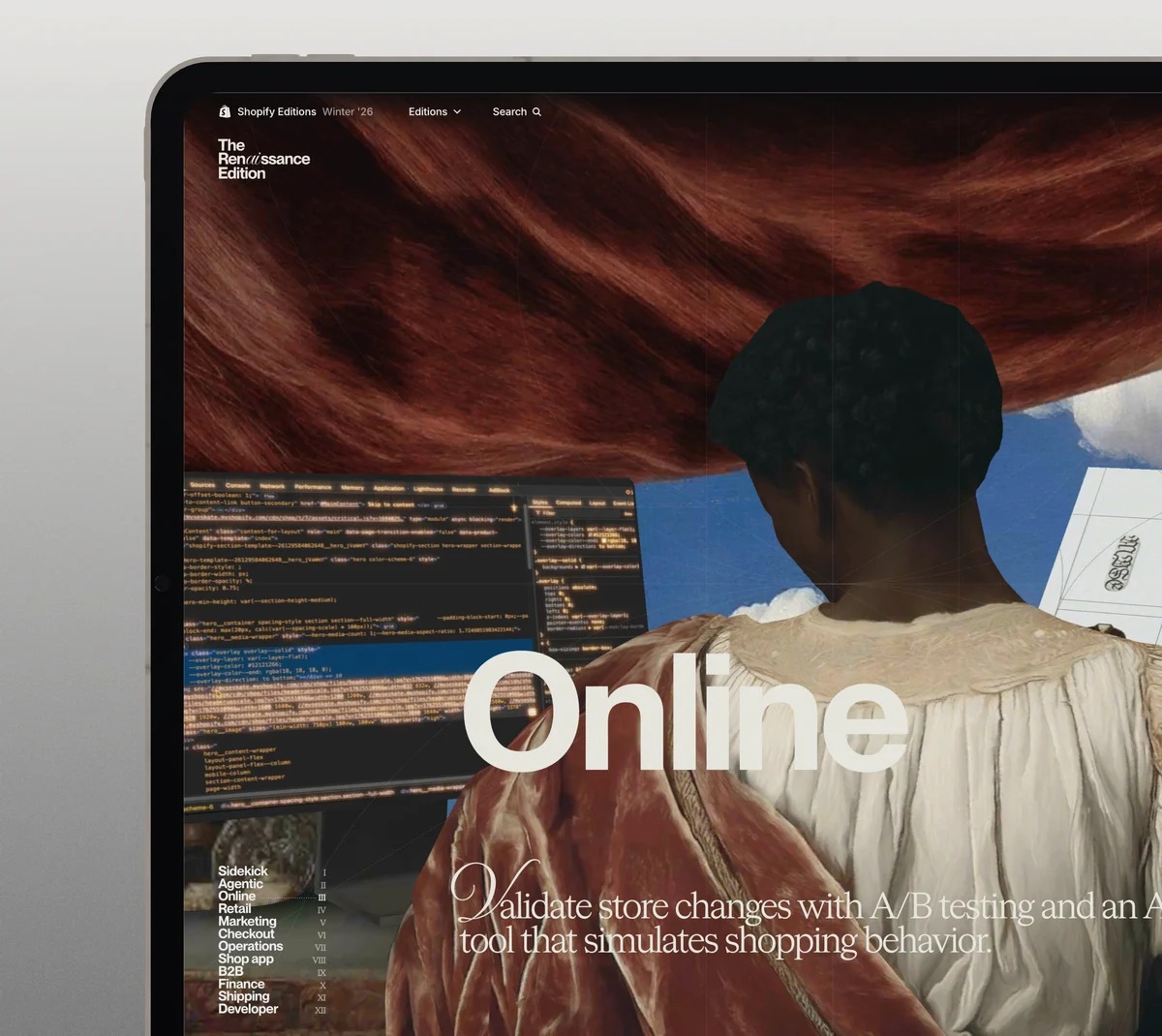 A close view of a tablet screen, a painted figure and the word Online across it.
