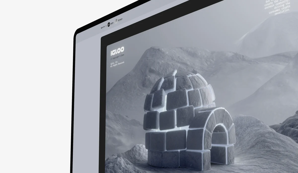 A close view of a browser window on pale grey, an igloo in a snowy landscape on the page.