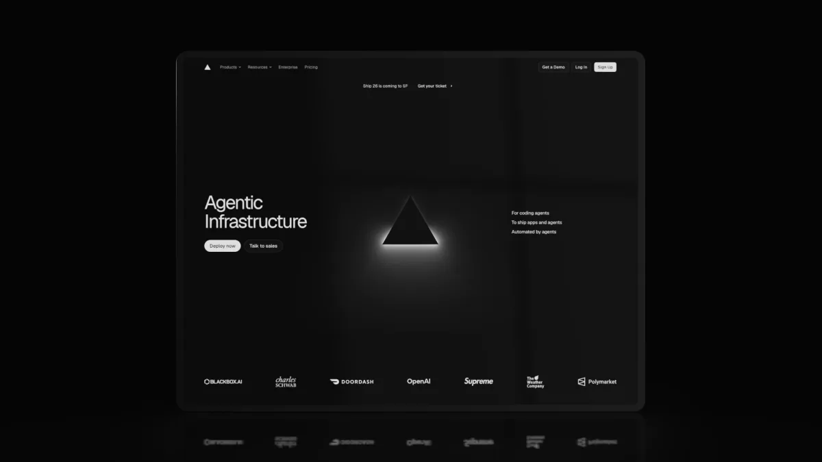 A dark browser window standing on a black floor, a glowing triangle at its centre.
