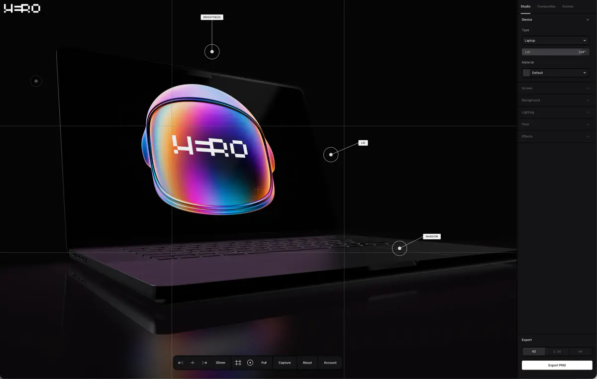 Hero Studio in a browser: a black laptop on a dark reflective floor, an iridescent render on its screen, with the device controls in the panel on the right.