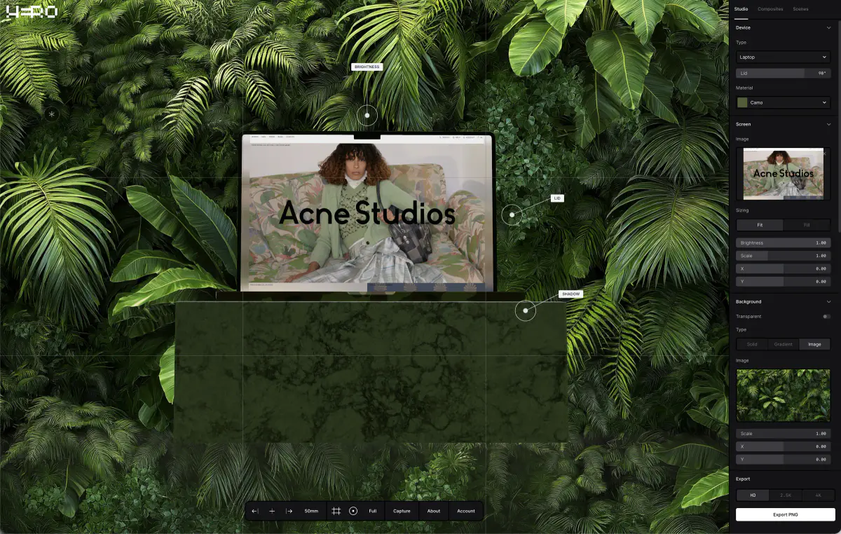 Hero Studio in a browser: a camo laptop showing the Acne Studios website on a stone plinth, set against dense tropical leaves, with the screen and background controls in the panel on the right.